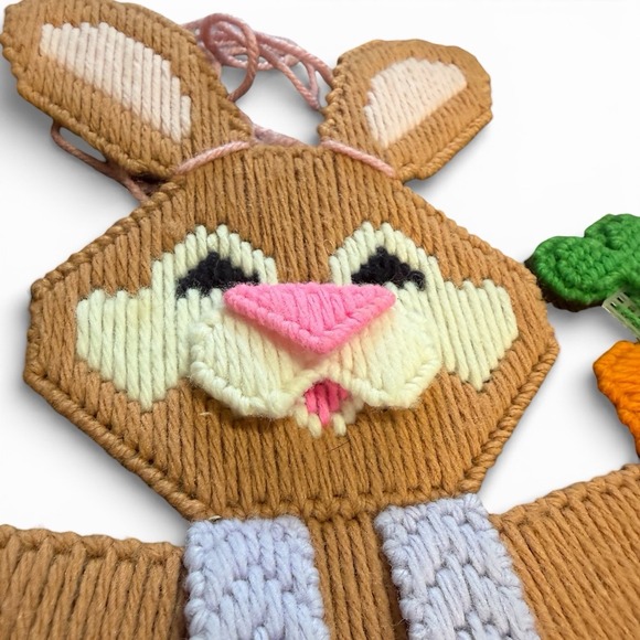 Vtg Finished Plastic Canvas Wall Hanging Easter Bunny Rabbit with Carrot 12"x9" - Picture 7 of 7
